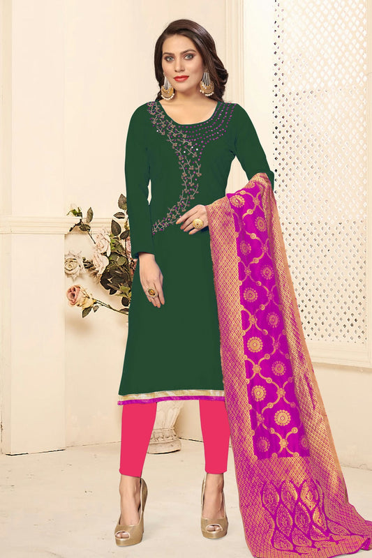 Green Colour Unstitched Jaam Cotton Fabric Straight Suit