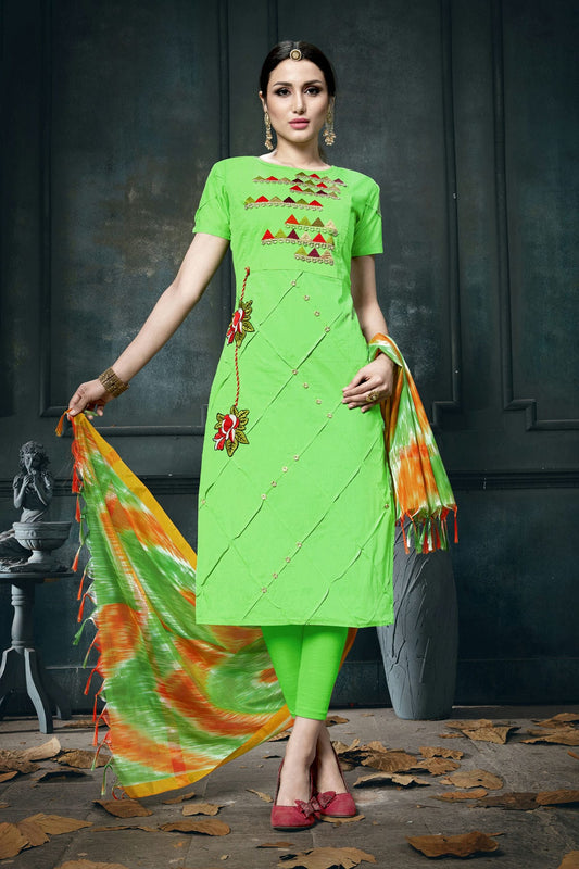 Green Colour Unstitched Jam Cotton Straight Suit