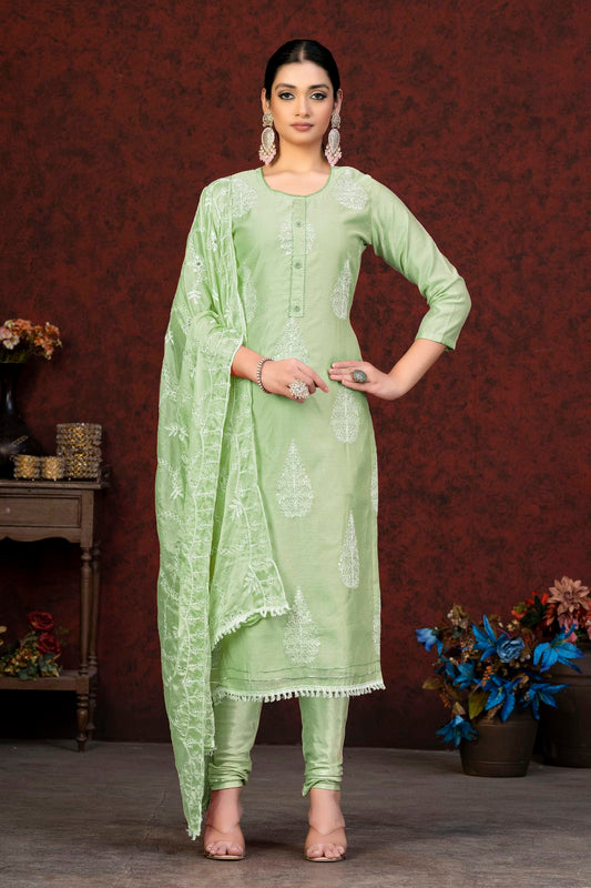 Green Colour Unstitched Modal Chanderi Churidar Suit