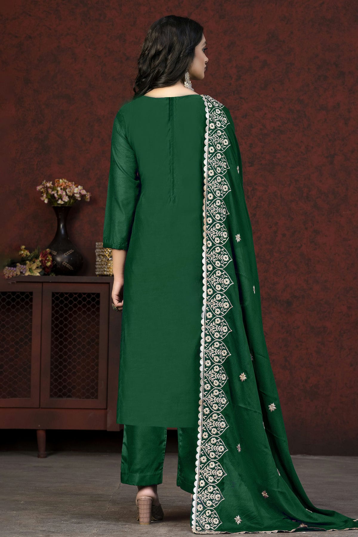 Green Colour Unstitched Modal Chanderi Fabric Straight Suit