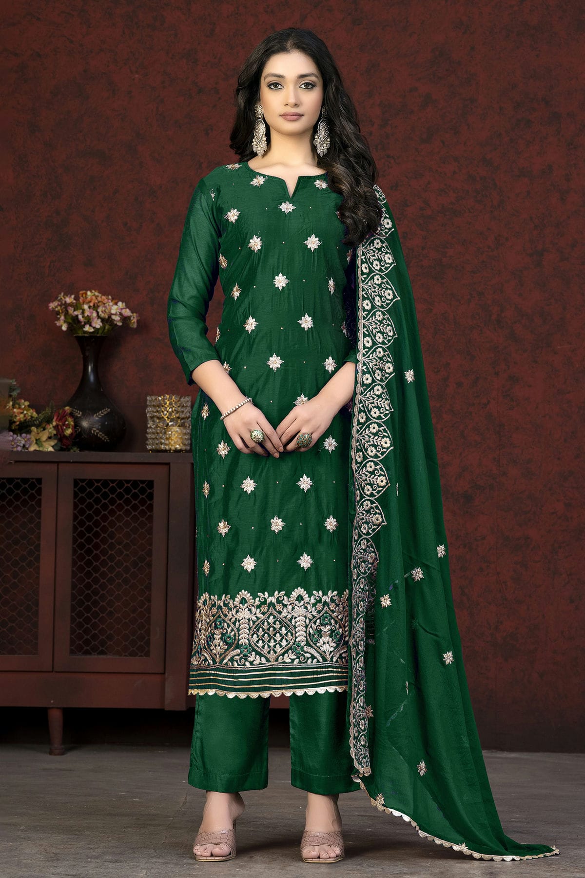 Green Colour Unstitched Modal Chanderi Fabric Straight Suit