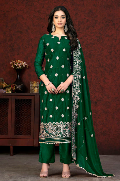 Green Colour Unstitched Modal Chanderi Fabric Straight Suit