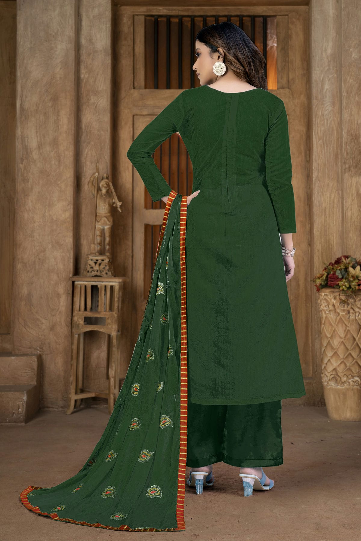 Green Colour Unstitched Modal Chanderi Plazzo Pant Suit