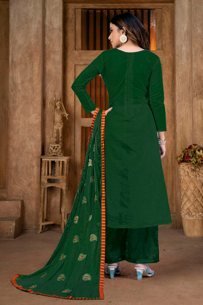 Green Colour Unstitched Modal Chanderi Plazzo Pant Suit