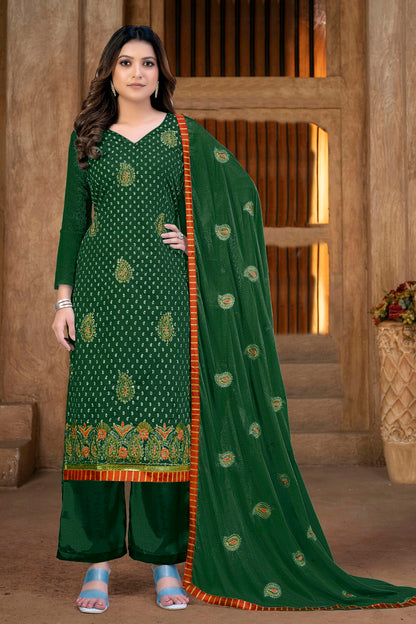 Green Colour Unstitched Modal Chanderi Plazzo Pant Suit