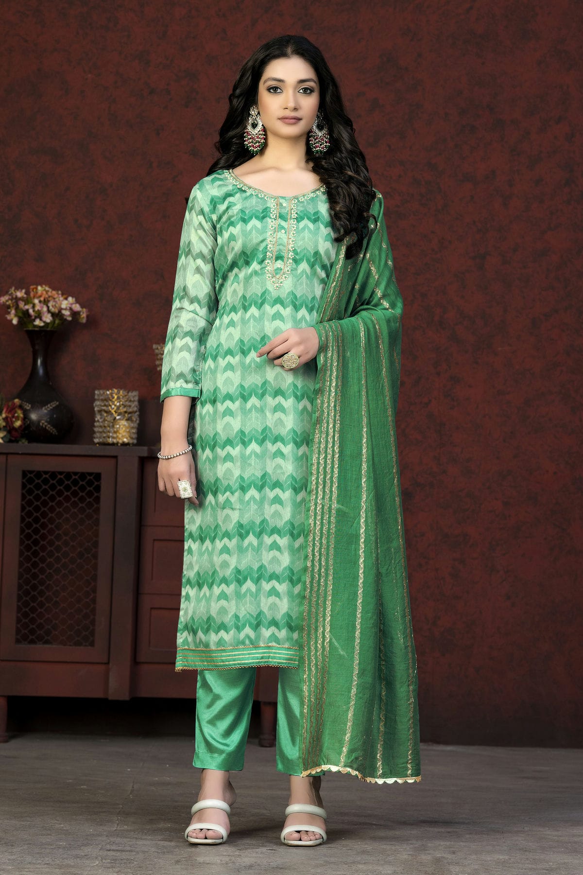 Green Colour Unstitched Modal Cotton Pant Style Suit