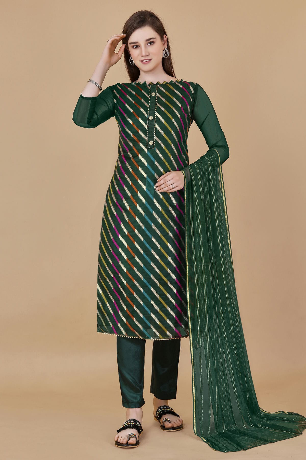 Green Colour Unstitched Organza Jacquard Fabric Straight Suit