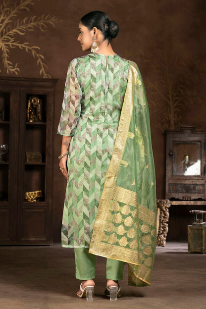 Green Colour Unstitched Organza Jacquard Pant Style Suit