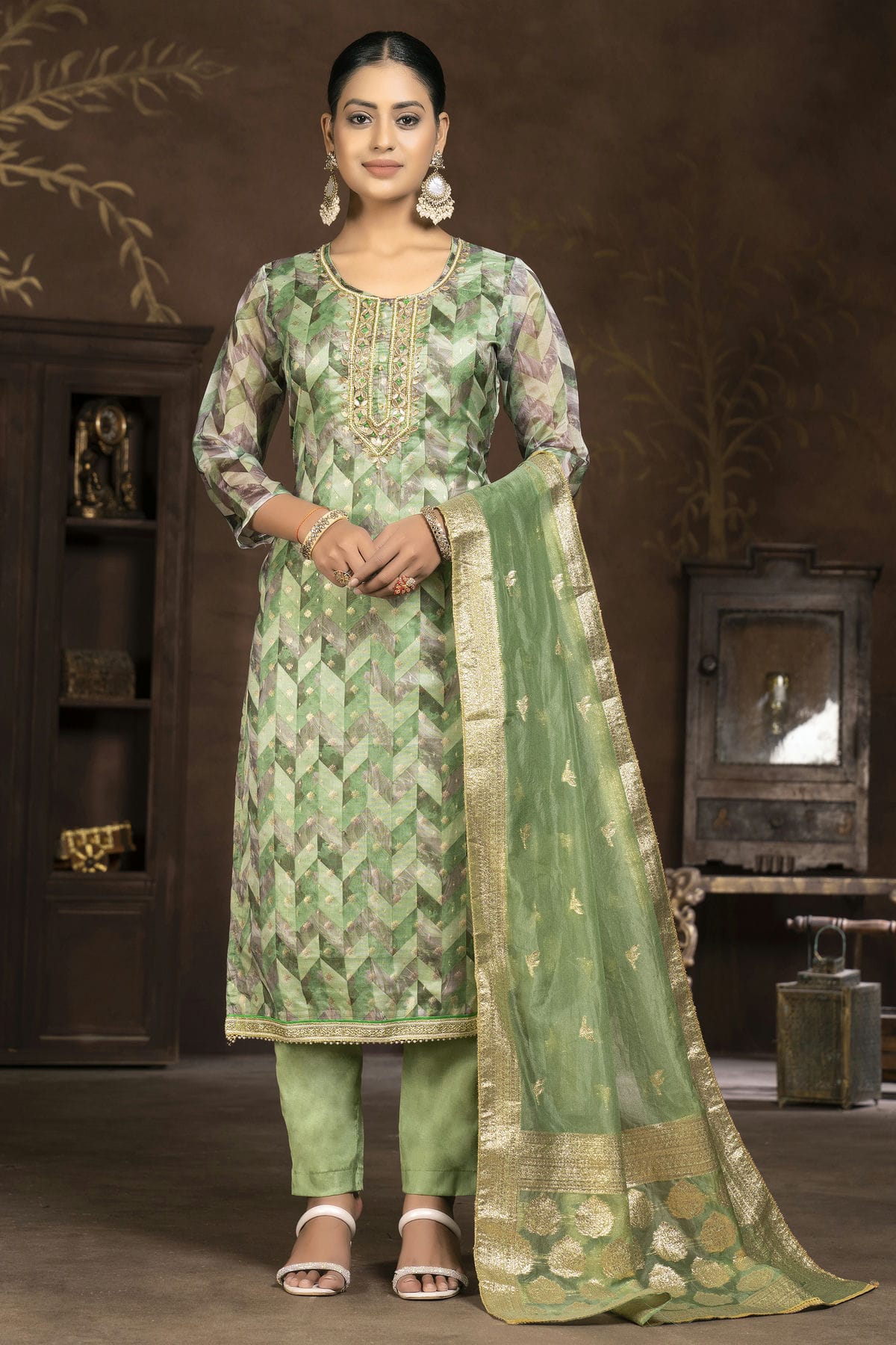 Green Colour Unstitched Organza Jacquard Pant Style Suit