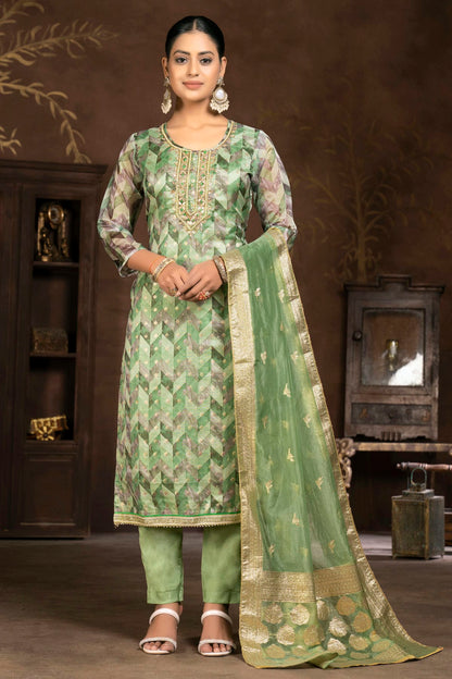 Green Colour Unstitched Organza Jacquard Pant Style Suit