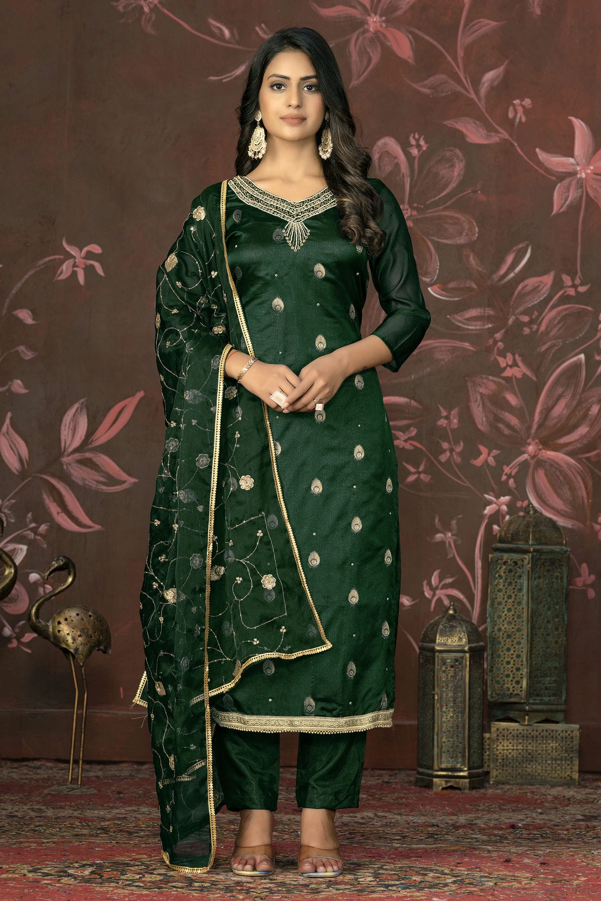 Green Colour Unstitched Organza Jacquard Straight Suit