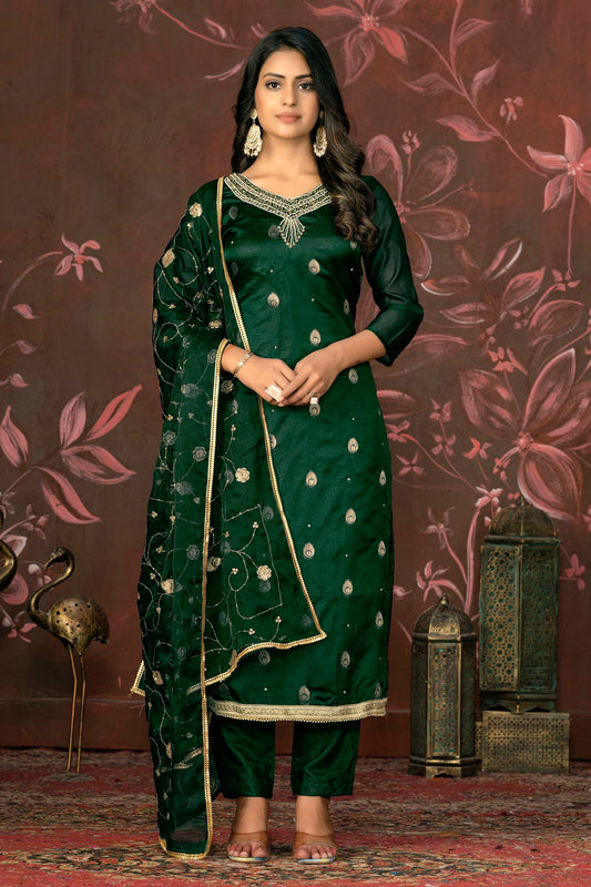 Green Colour Unstitched Organza Jacquard Straight Suit