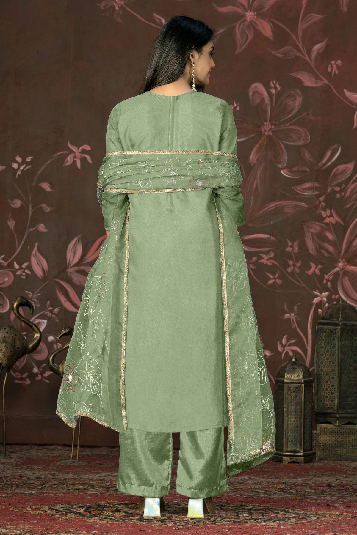 Green Colour Unstitched Organza Jacquard Straight Suit