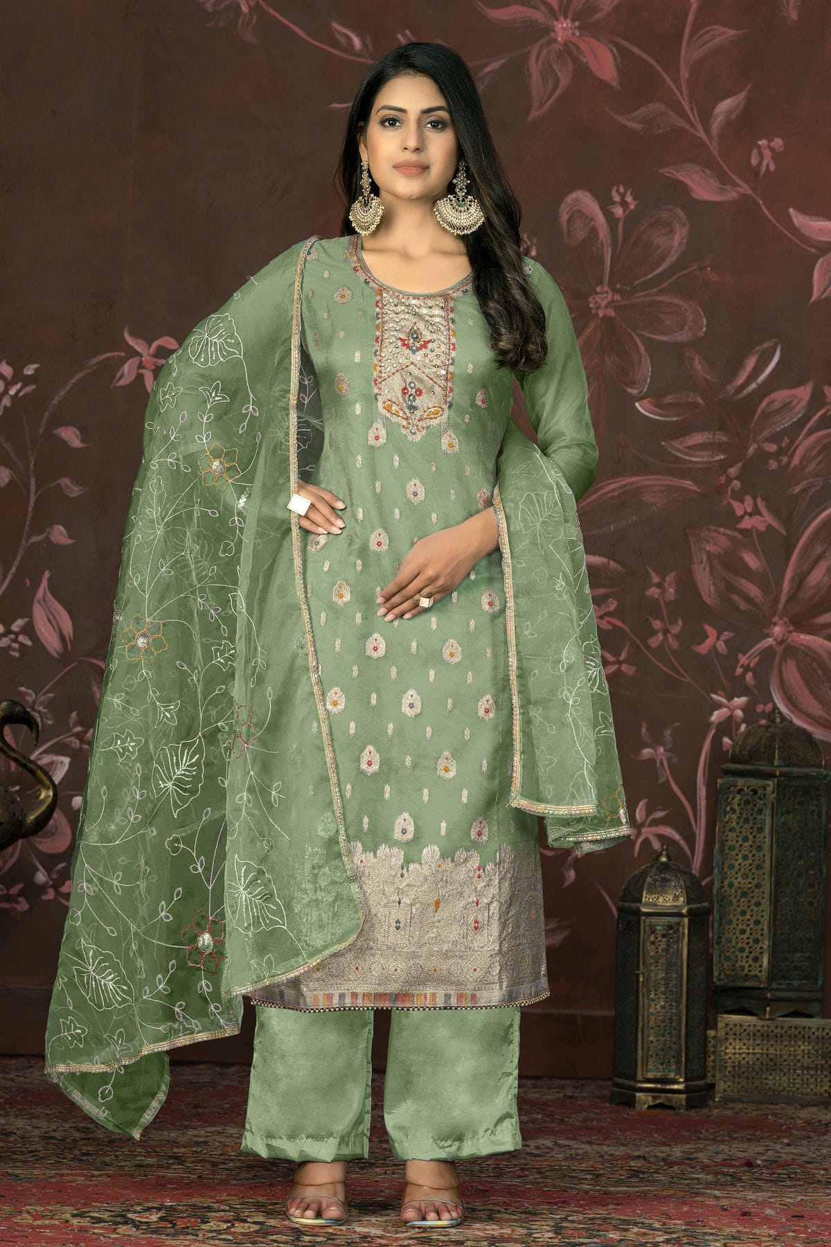 Green Colour Unstitched Organza Jacquard Straight Suit