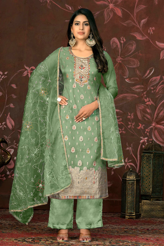 Green Colour Unstitched Organza Jacquard Straight Suit