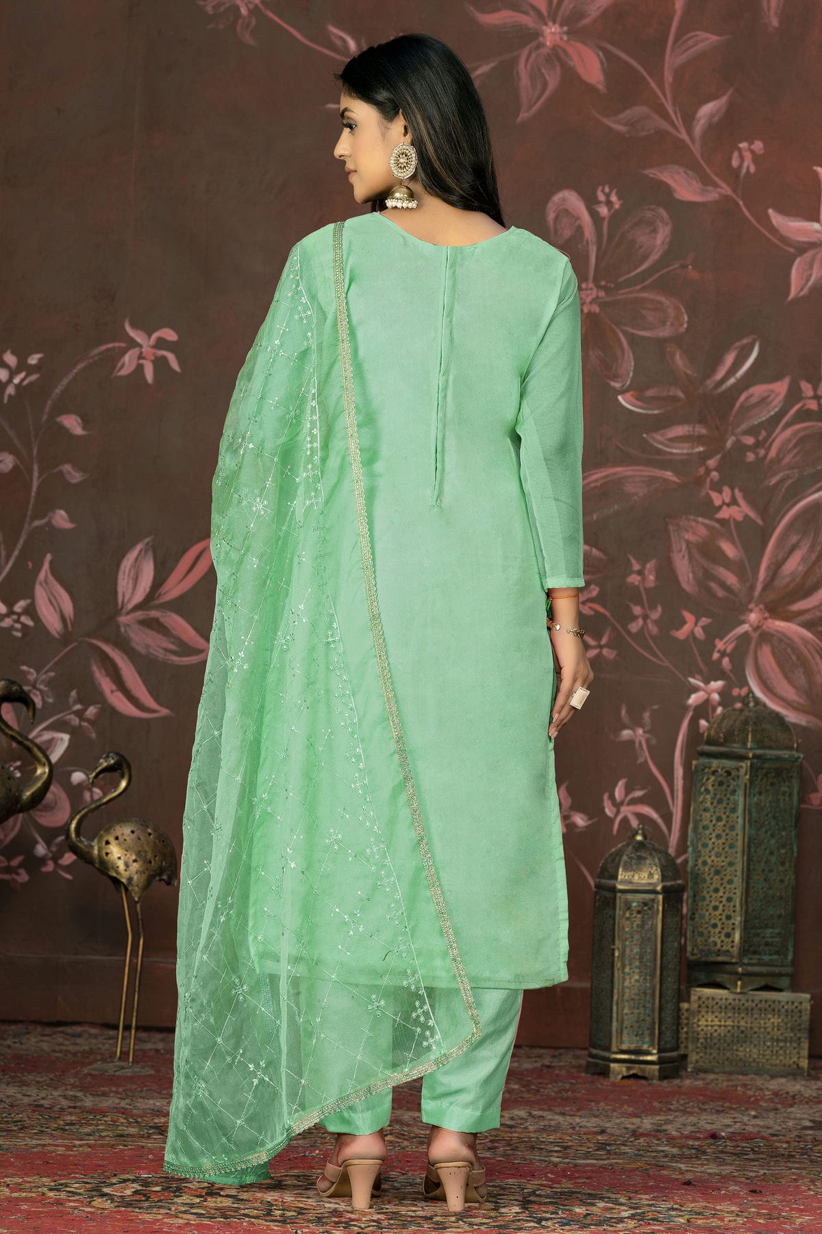 Green Colour Unstitched Organza Pant Style Suit