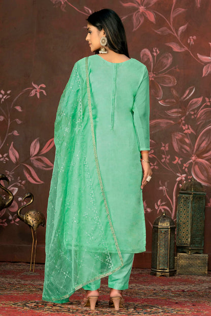 Green Colour Unstitched Organza Pant Style Suit