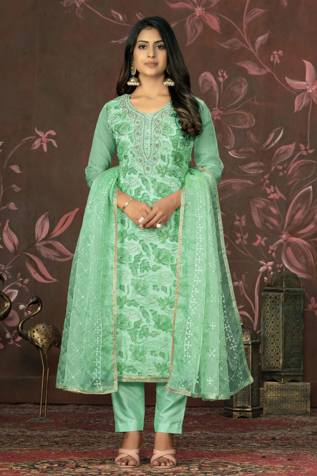 Green Colour Unstitched Organza Pant Style Suit