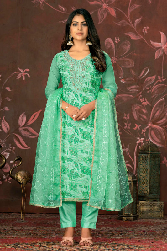 Green Colour Unstitched Organza Pant Style Suit