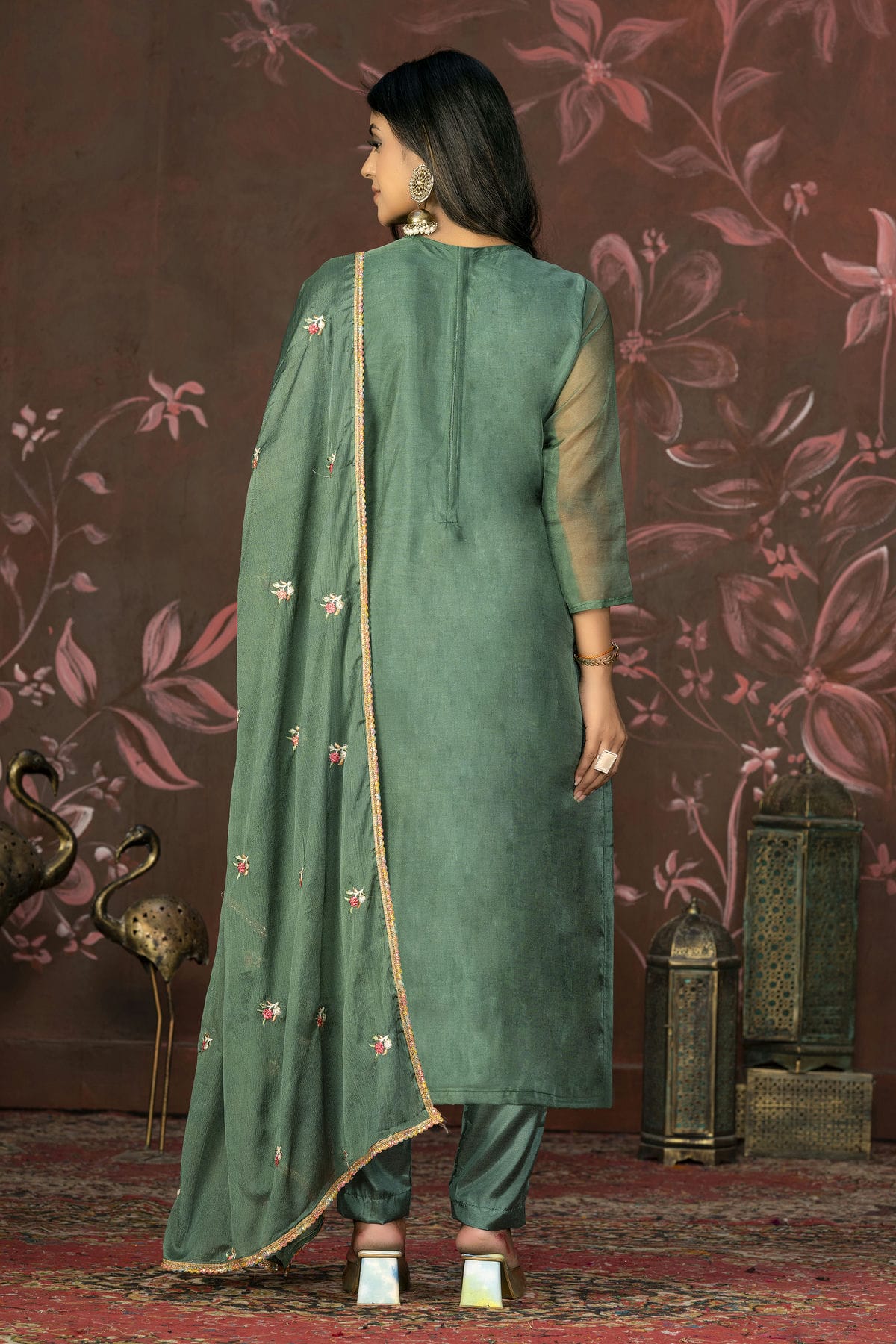 Green Colour Unstitched Organza Pant Style Suit