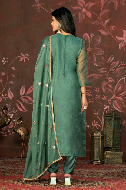 Green Colour Unstitched Organza Pant Style Suit