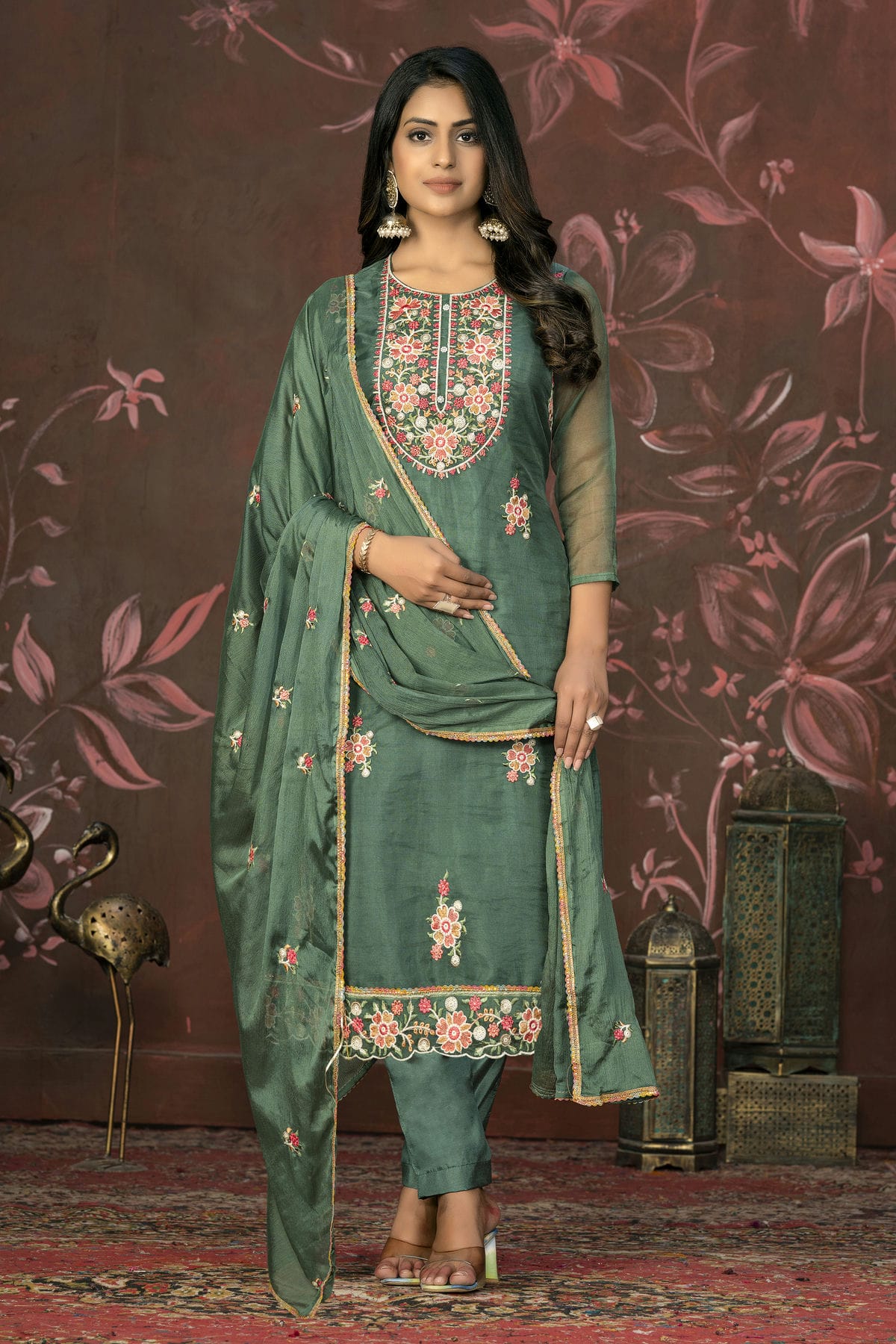 Green Colour Unstitched Organza Pant Style Suit