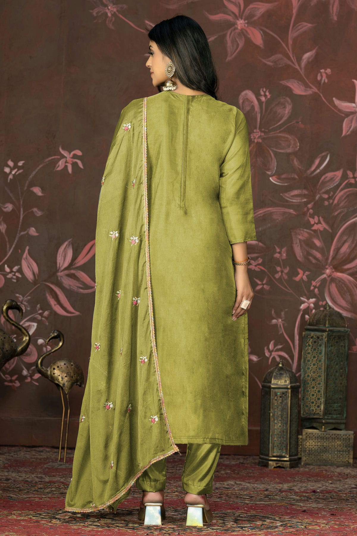 Green Colour Unstitched Organza Pant Style Suit