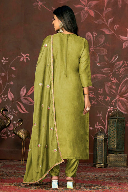 Green Colour Unstitched Organza Pant Style Suit