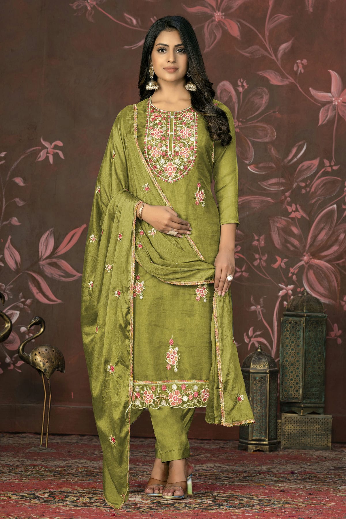 Green Colour Unstitched Organza Pant Style Suit