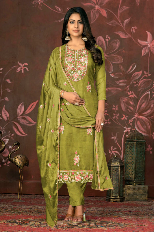 Green Colour Unstitched Organza Pant Style Suit