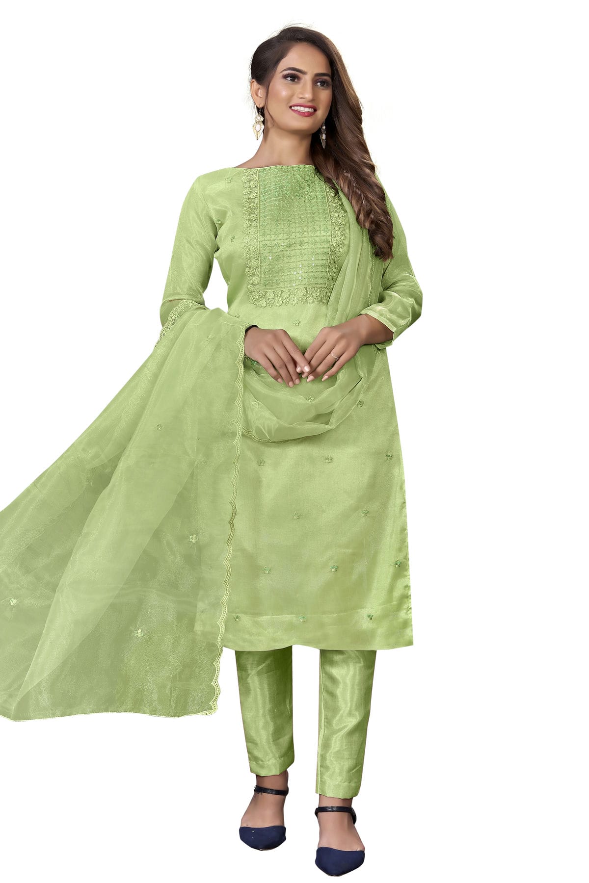 Green Colour Unstitched Organza Straight Suit