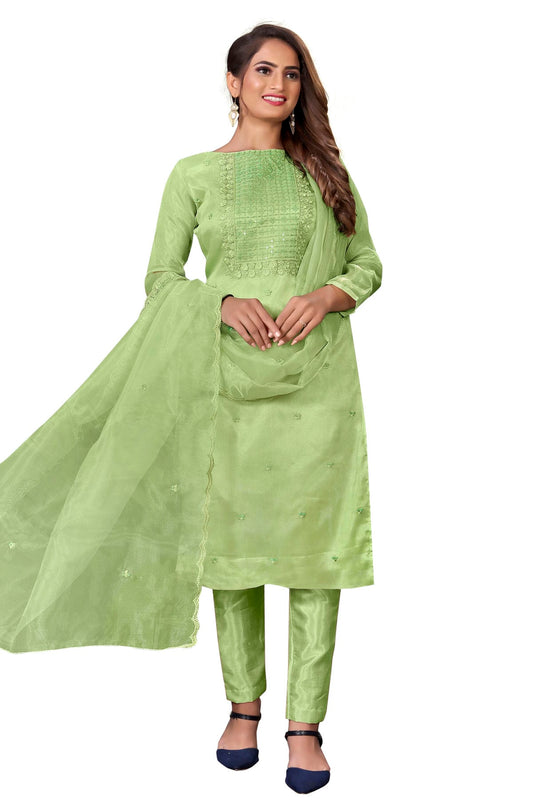 Green Colour Unstitched Organza Straight Suit