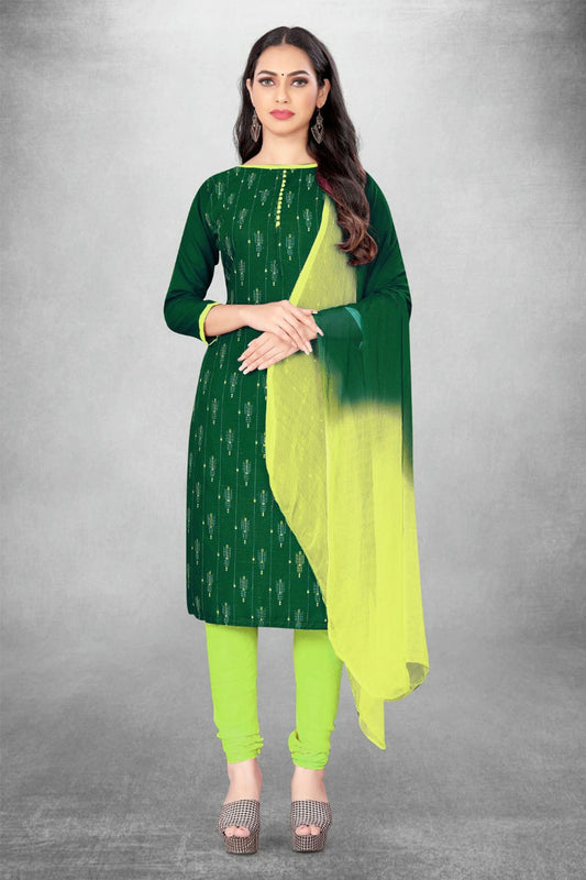 Green Colour Unstitched Slub Cotton Churidar Suit