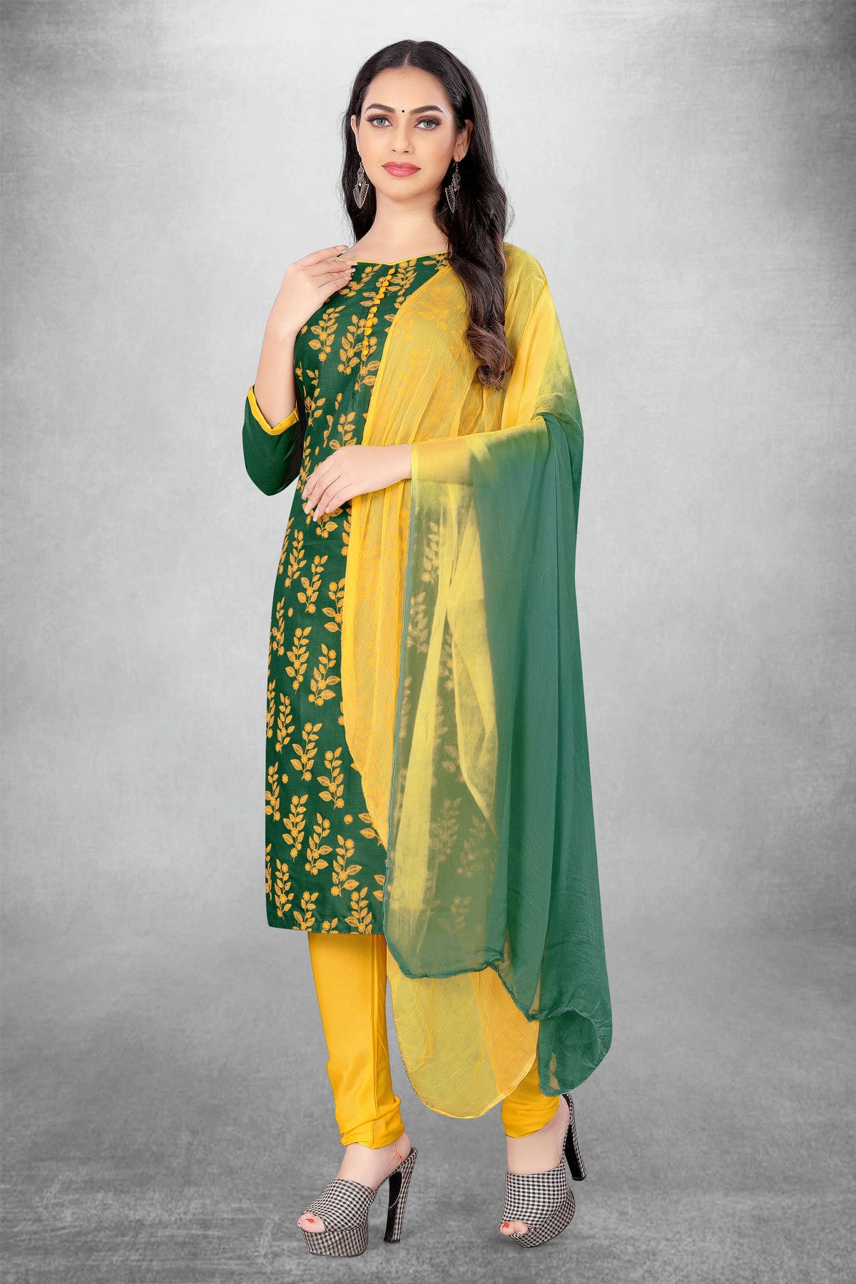 Green Colour Unstitched Slub Cotton Churidar Suit