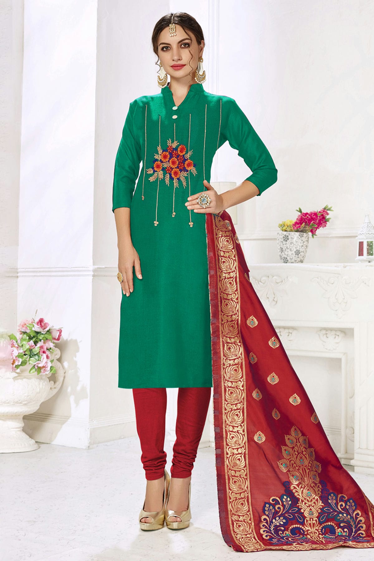 Green Colour Unstitched Slub Cotton Churidar Suit