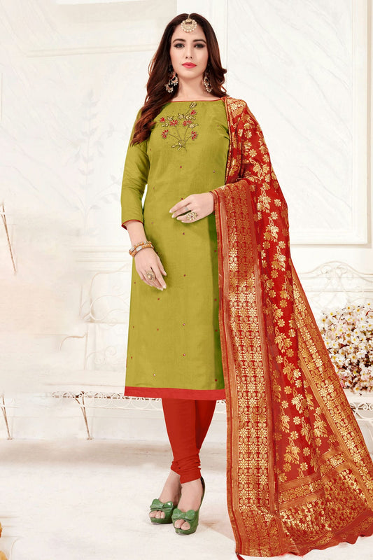 Green Colour Unstitched Slub Cotton Churidar Suit