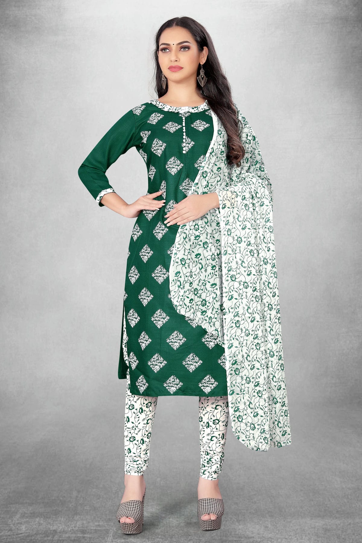 Green Colour Unstitched Slub Cotton Straight Suit