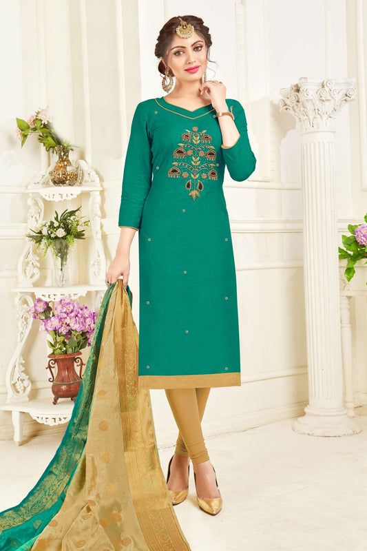 Green Colour Unstitched South Slub Cotton Straight Suit