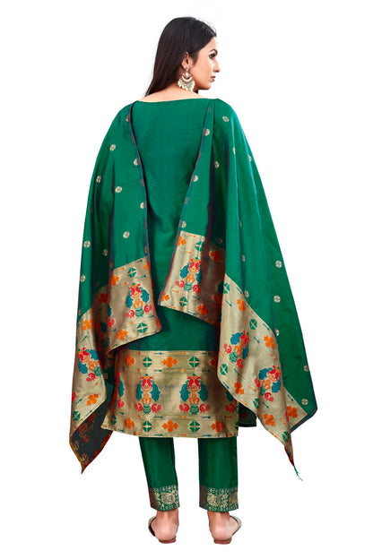 Green Colour Unstitched Taffeta Silk Fabric Straight Suit