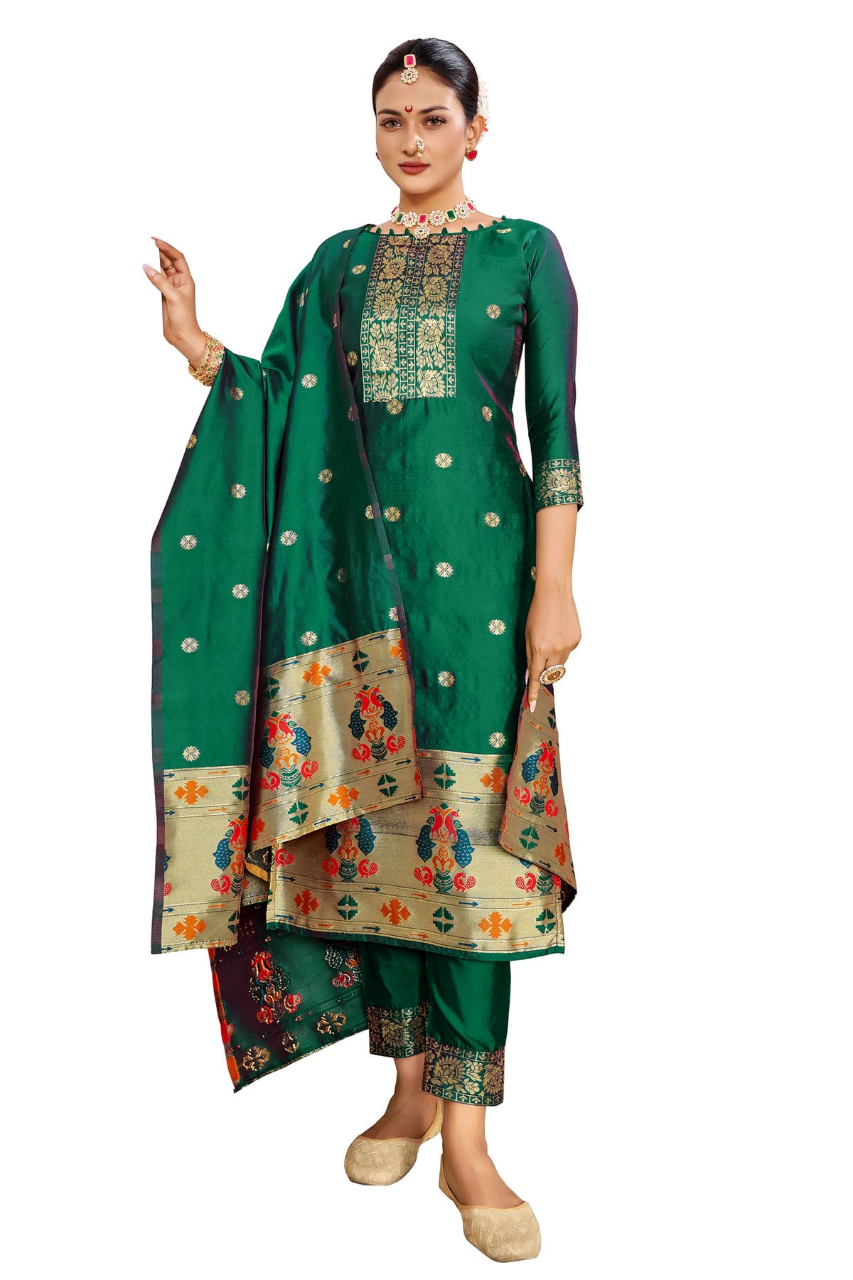 Green Colour Unstitched Taffeta Silk Fabric Straight Suit