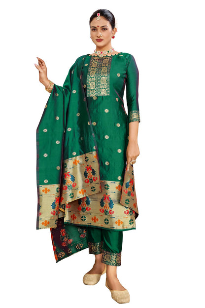 Green Colour Unstitched Taffeta Silk Fabric Straight Suit