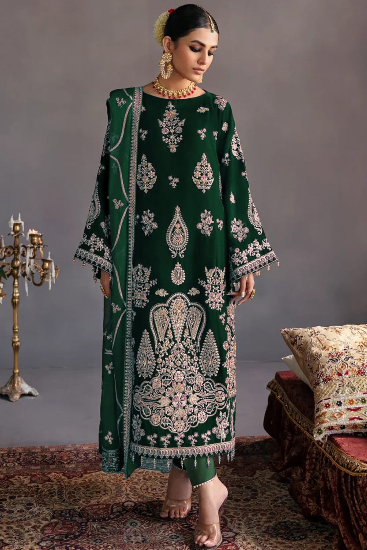 Green Colour Velvet Semi Stitched Pakistani Suit