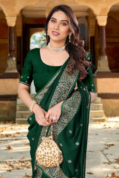 Green Colour Vichitra Bloming Designer Saree