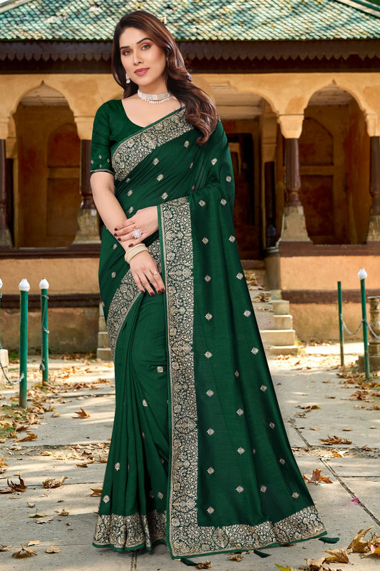 Green Colour Vichitra Bloming Designer Saree