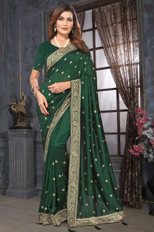 Green Colour Vichitra Bloming Designer Saree