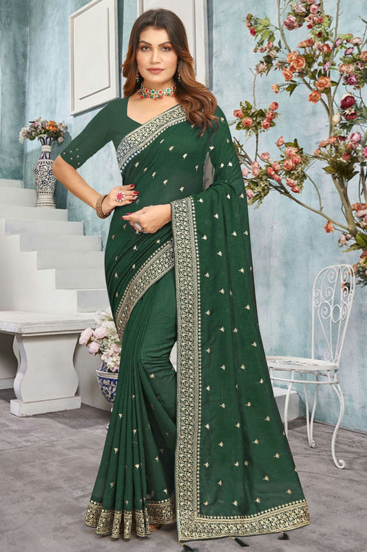 Green Colour Vichitra Bloming Designer Saree