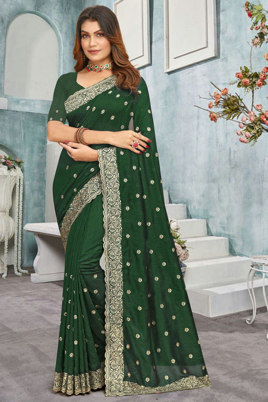 Green Colour Vichitra Bloming Designer Saree