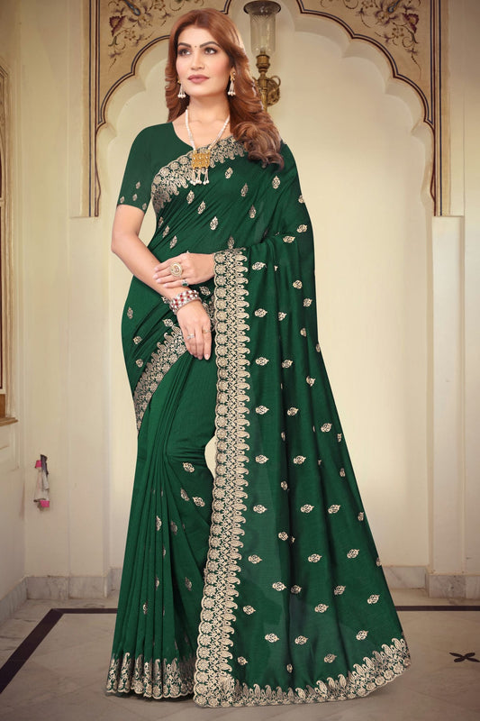 Green Colour Vichitra Bloming Designer Saree