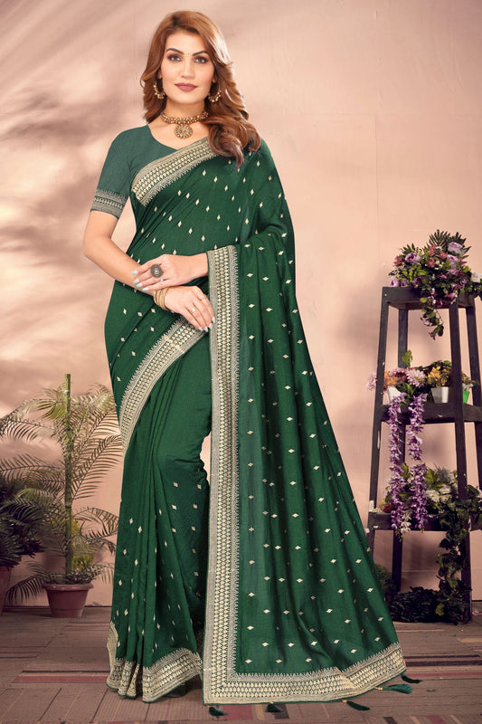 Green Colour Vichitra Bloming Designer Saree