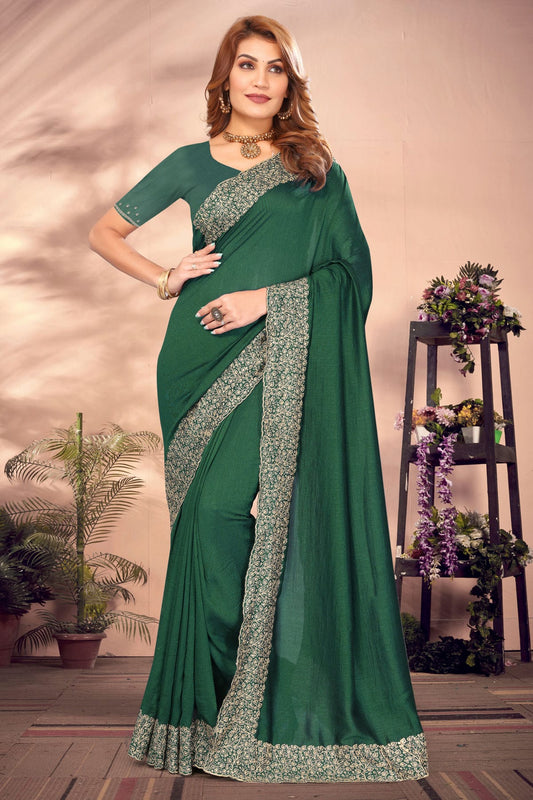 Green Colour Vichitra Bloming Designer Saree